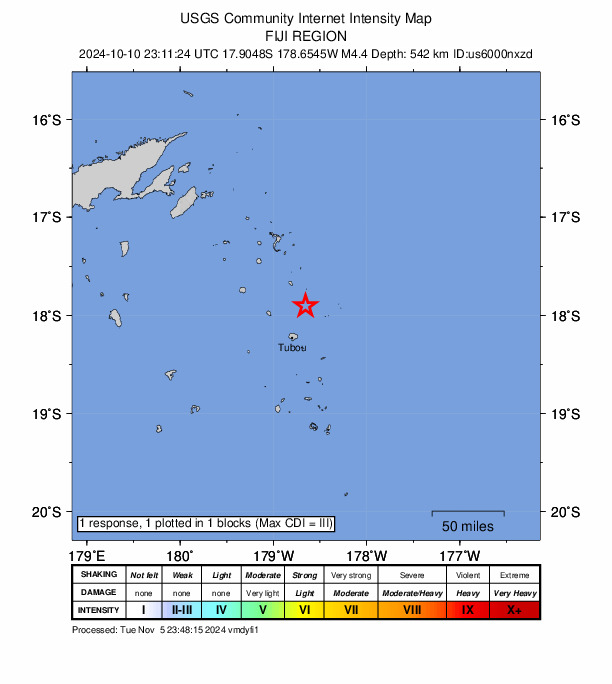 USGS DYFI community-reported intensity map for the M4.4 earthquake near 215 km E of Levuka, Fiji