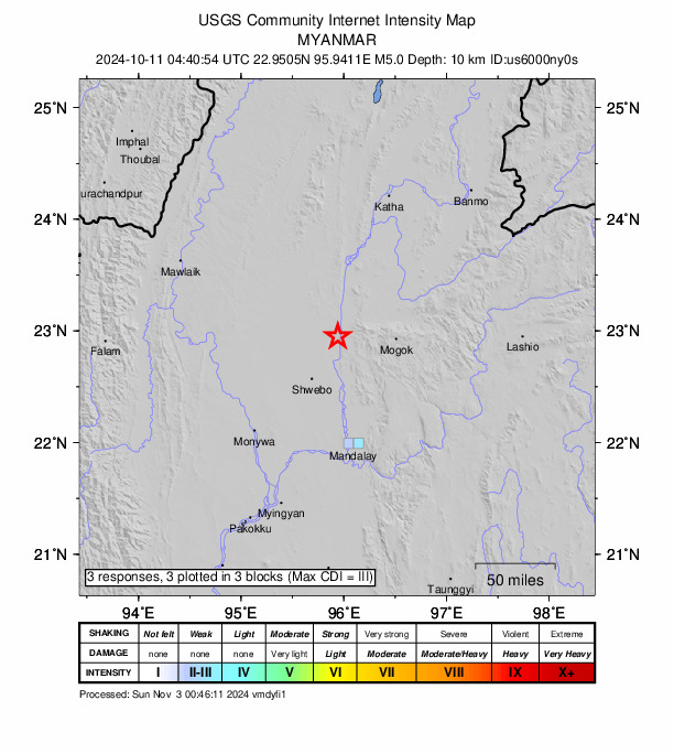 USGS DYFI community-reported intensity map for the M5.0 earthquake near 49 km NNE of Shwebo, Myanmar