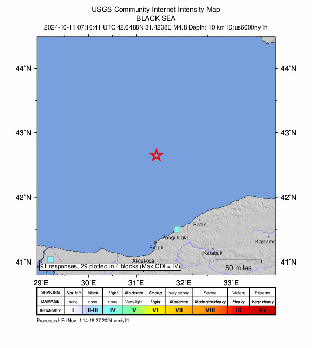USGS DYFI community-reported intensity map for the M4.8 earthquake near 127 km NW of Amasra, Turkey