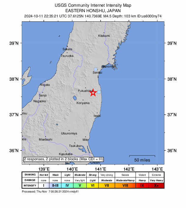 USGS DYFI community-reported intensity map for the M4.5 earthquake near 21 km W of Minami-Sōma, Japan