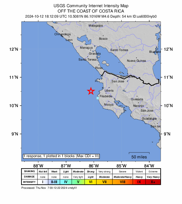 USGS DYFI community-reported intensity map for the M4.7 earthquake near 33 km NW of Tamarindo, Costa Rica