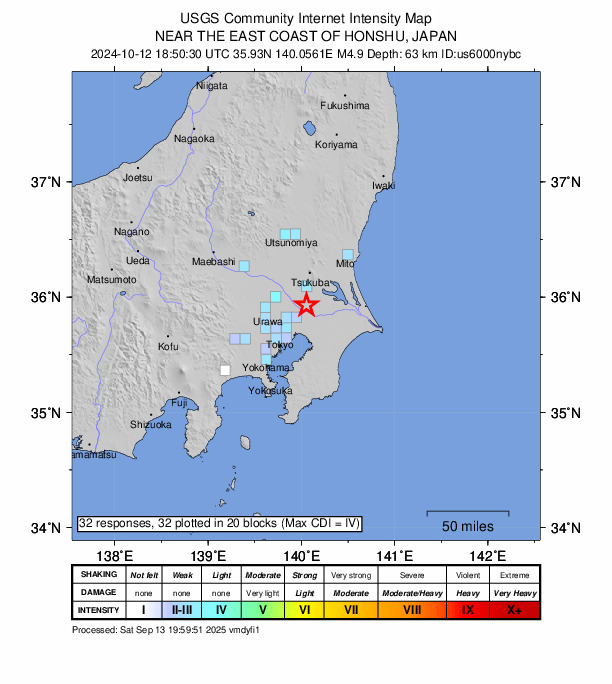 USGS DYFI community-reported intensity map for the M4.9 earthquake near 4 km NW of Toride, Japan