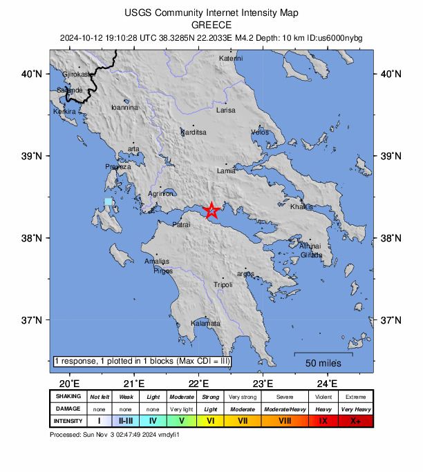 USGS DYFI community-reported intensity map for the M4.2 earthquake near 12 km NE of Témeni, Greece