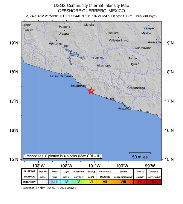 USGS DYFI community-reported intensity map for the M4.9 earthquake near 2 km W of Coyuquilla Norte, Mexico