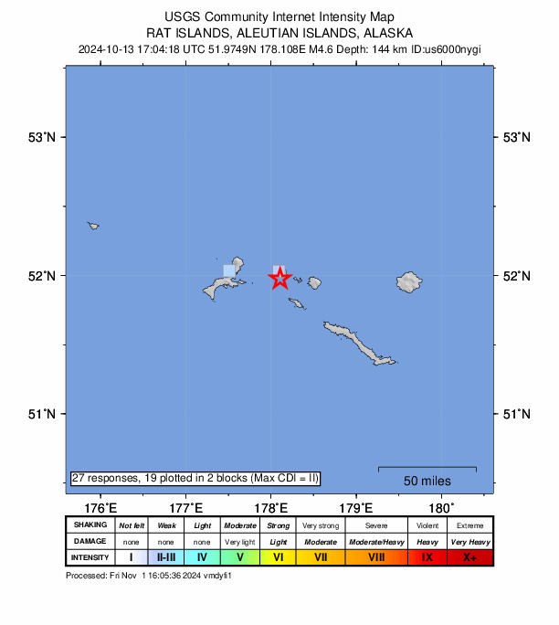 USGS DYFI community-reported intensity map for the M4.6 earthquake near Rat Islands, Aleutian Islands, Alaska