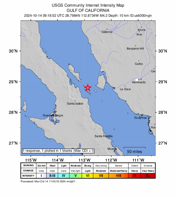 USGS DYFI community-reported intensity map for the M5.0 earthquake near 84 km W of Bahía de Kino, Mexico