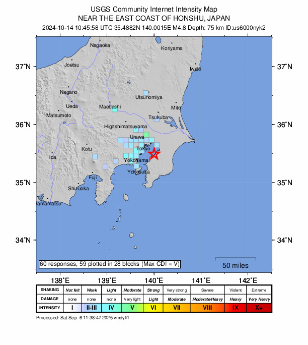 USGS DYFI community-reported intensity map for the M4.8 earthquake near 8 km WSW of Ichihara, Japan