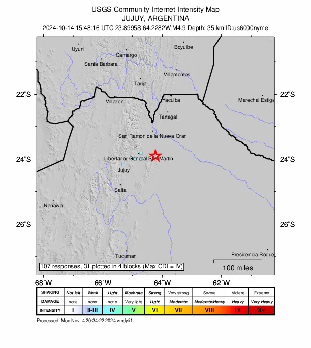 USGS DYFI community-reported intensity map for the M5.0 earthquake near 22 km ENE of Palma Sola, Argentina
