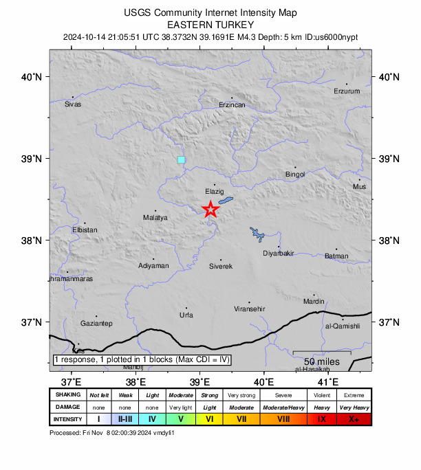 USGS DYFI community-reported intensity map for the M4.3 earthquake near 13 km ENE of Doğanyol, Turkey