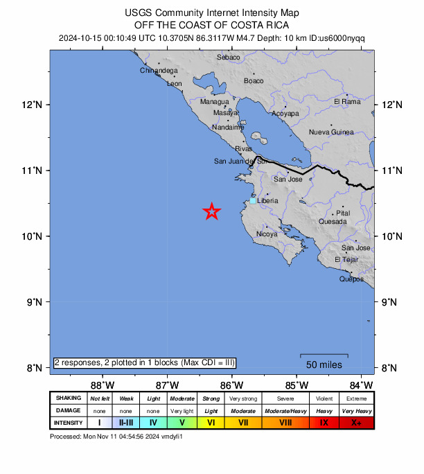 USGS DYFI community-reported intensity map for the M4.7 earthquake near 52 km W of Tamarindo, Costa Rica