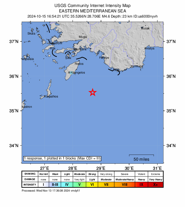USGS DYFI community-reported intensity map for the M4.6 earthquake near 87 km SE of Lárdos, Greece