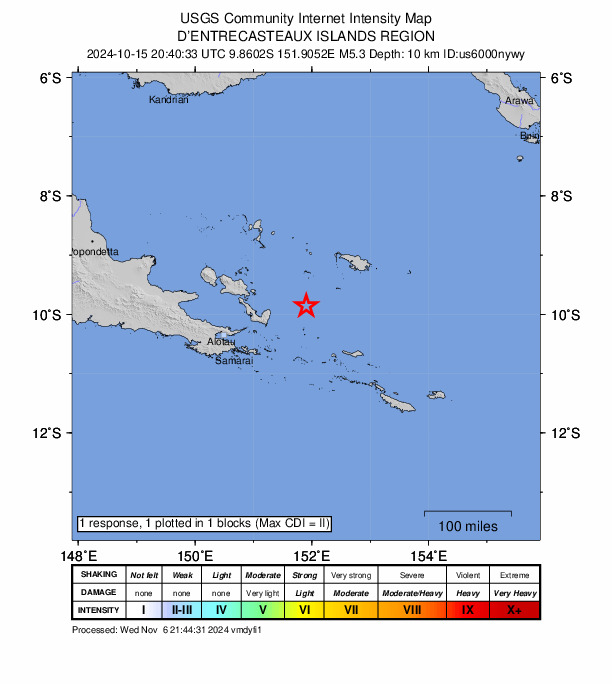 USGS DYFI community-reported intensity map for the M5.3 earthquake near 159 km ENE of Samarai, Papua New Guinea