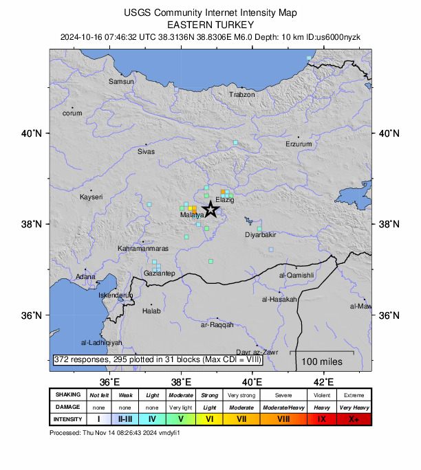 USGS DYFI community-reported intensity map for the M6.0 earthquake near 19 km W of Doğanyol, Turkey