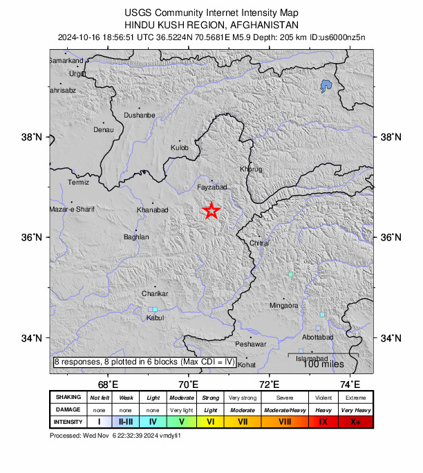 USGS DYFI community-reported intensity map for the M5.9 earthquake near 44 km SSW of Jurm, Afghanistan