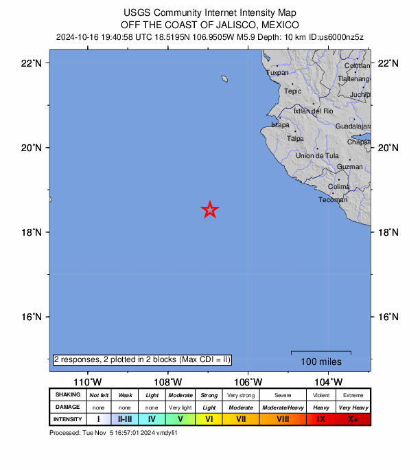 USGS DYFI community-reported intensity map for the M5.9 earthquake near 225 km SW of José María Morelos, Mexico