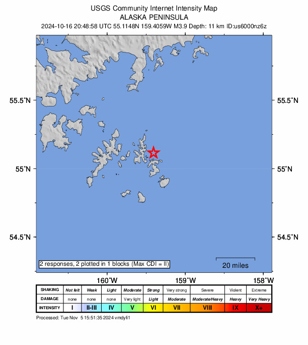 USGS DYFI community-reported intensity map for the M3.9 earthquake near 73 km ESE of Sand Point, Alaska