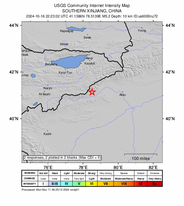 USGS DYFI community-reported intensity map for the M4.9 earthquake near 138 km W of Aykol, China