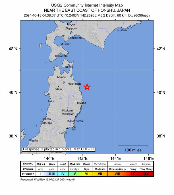 USGS DYFI community-reported intensity map for the M5.2 earthquake near 42 km ENE of Noda, Japan