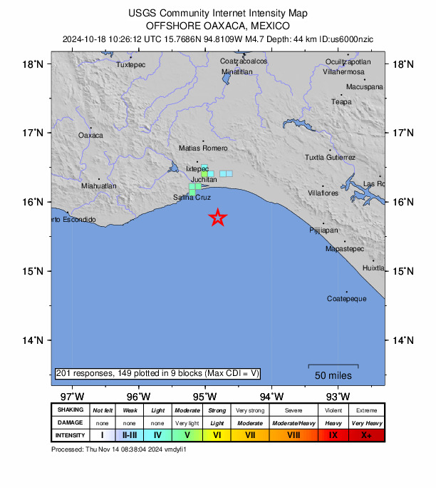USGS DYFI community-reported intensity map for the M4.7 earthquake near 52 km SSE of San Mateo del Mar, Mexico