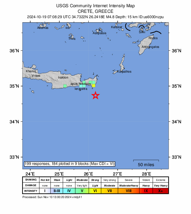 USGS DYFI community-reported intensity map for the M4.8 earthquake near 51 km S of Palekastro, Greece