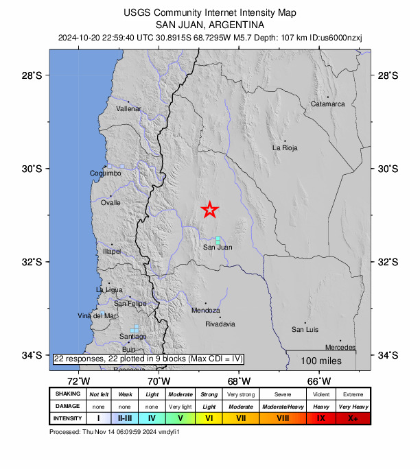 USGS DYFI community-reported intensity map for the M5.7 earthquake near 65 km NNW of Albardón, Argentina