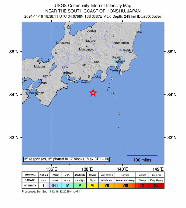 USGS DYFI community-reported intensity map for the M5.0 earthquake near 59 km S of Ōyama, Japan