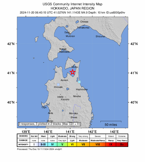 USGS DYFI community-reported intensity map for the M4.9 earthquake near 15 km W of Yokohama, Japan