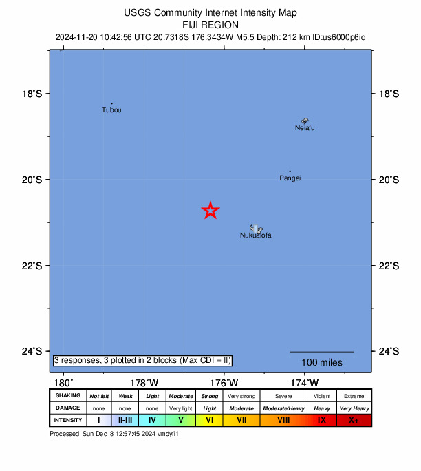 USGS DYFI community-reported intensity map for the M5.5 earthquake near 118 km WNW of Houma, Tonga