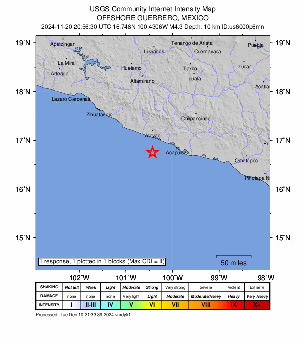 USGS DYFI community-reported intensity map for the M4.3 earthquake near 37 km SSW of El Papayo, Mexico
