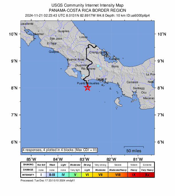 USGS DYFI community-reported intensity map for the M4.8 earthquake near 3 km SW of Burica, Panama
