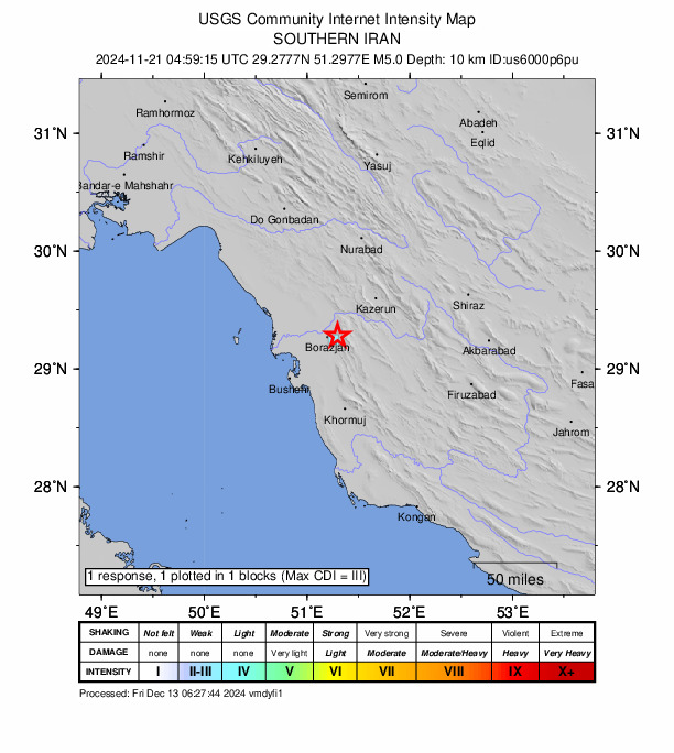 USGS DYFI community-reported intensity map for the M5.0 earthquake near 7 km E of Borāzjān, Iran