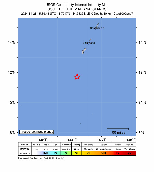 USGS DYFI community-reported intensity map for the M5.0 earthquake near 176 km SSW of Merizo Village, Guam