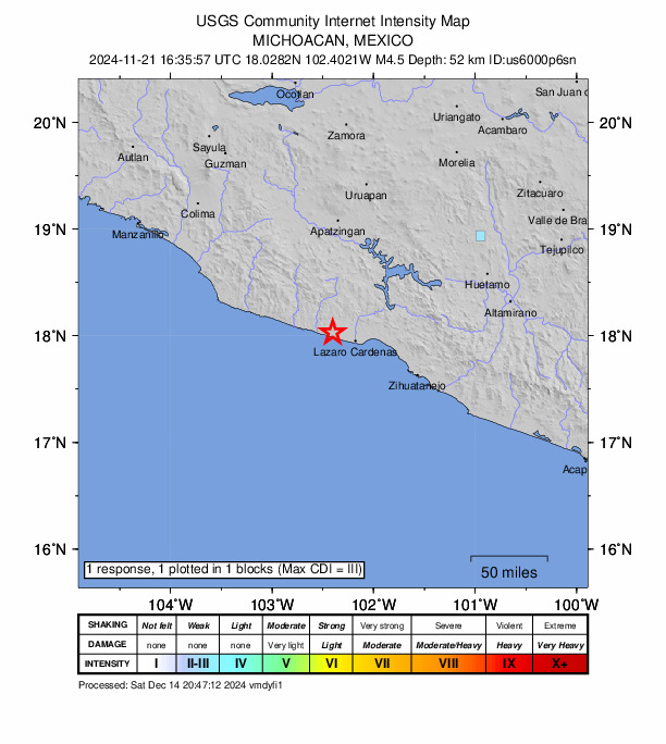 USGS DYFI community-reported intensity map for the M4.5 earthquake near 6 km WSW of El Habillal, Mexico