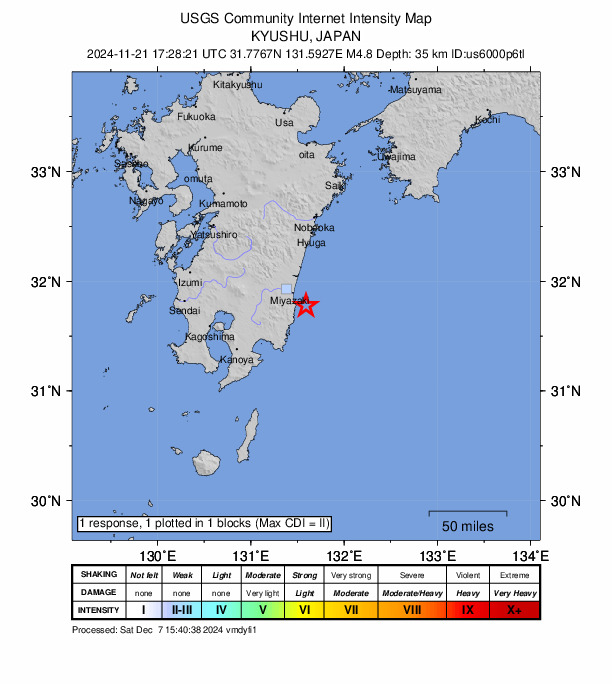 USGS DYFI community-reported intensity map for the M4.8 earthquake near 22 km SE of Miyazaki, Japan