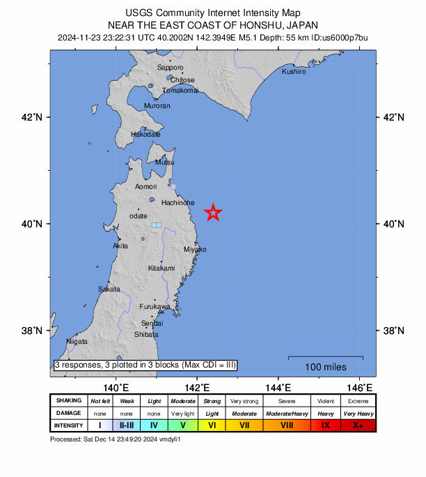 USGS DYFI community-reported intensity map for the M4.7 earthquake near 44 km ENE of Noda, Japan