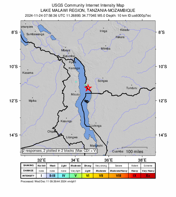 USGS DYFI community-reported intensity map for the M5.0 earthquake near 1 km NNE of Mbamba Bay, Tanzania