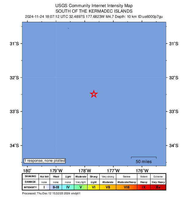 USGS DYFI community-reported intensity map for the M4.7 earthquake near south of the Kermadec Islands