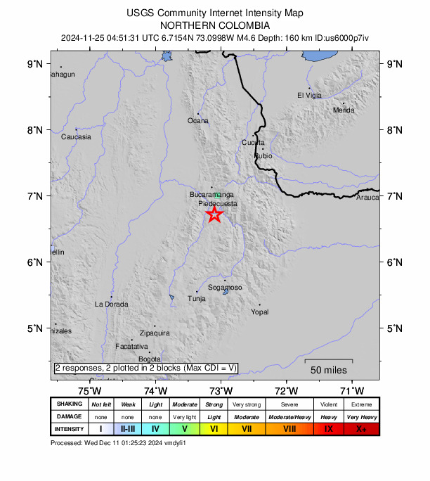 USGS DYFI community-reported intensity map for the M4.6 earthquake near 1 km SSW of Jordán, Colombia