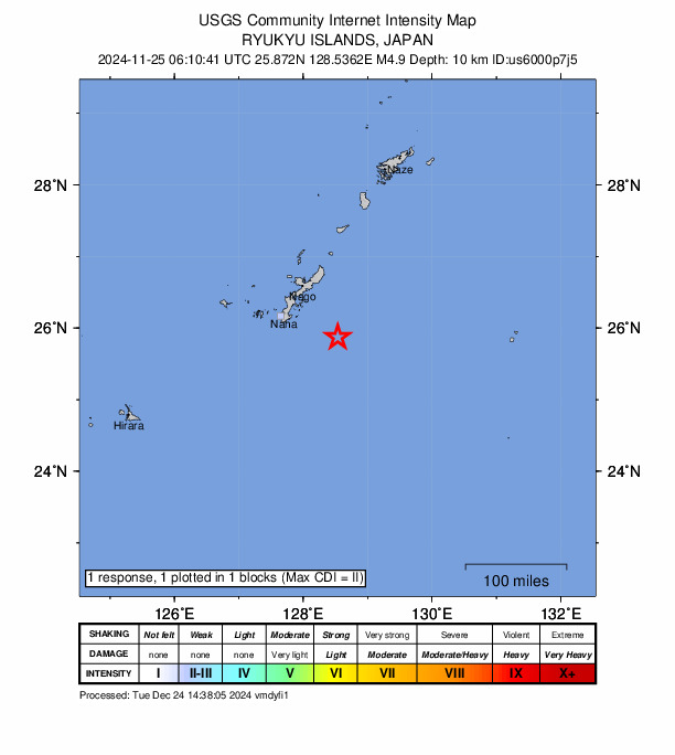 USGS DYFI community-reported intensity map for the M4.9 earthquake near 83 km SE of Katsuren-haebaru, Japan