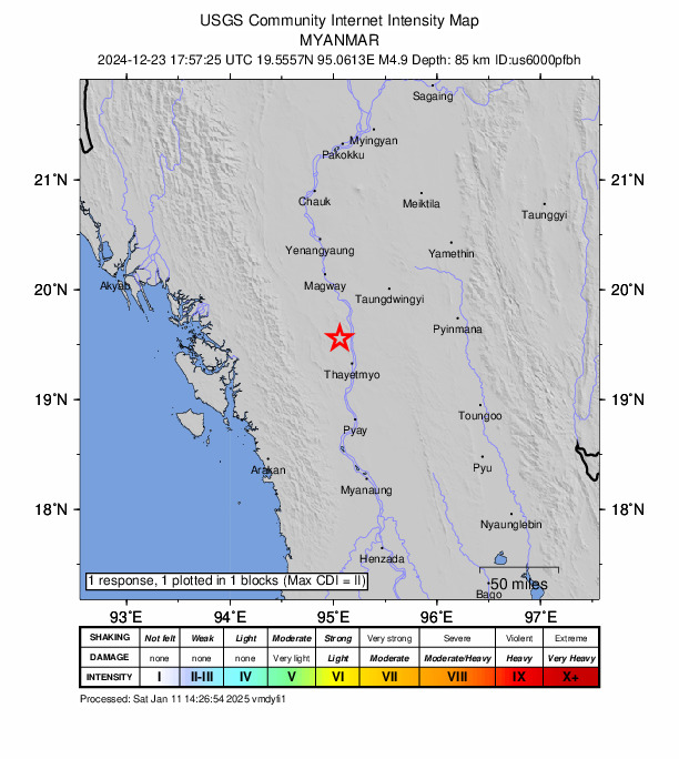 USGS DYFI community-reported intensity map for the M4.9 earthquake near 26 km NW of Myaydo, Myanmar