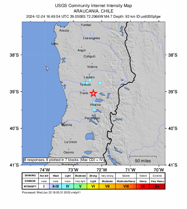 USGS DYFI community-reported intensity map for the M4.7 earthquake near 26 km NNW of Villarrica, Chile