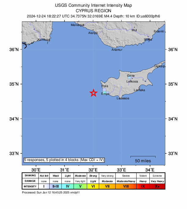 USGS DYFI community-reported intensity map for the M4.4 earthquake near 36 km W of Chlórakas, Cyprus