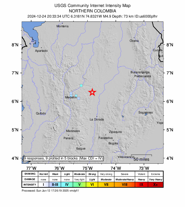 USGS DYFI community-reported intensity map for the M4.9 earthquake near 13 km SW of Caracolí, Colombia