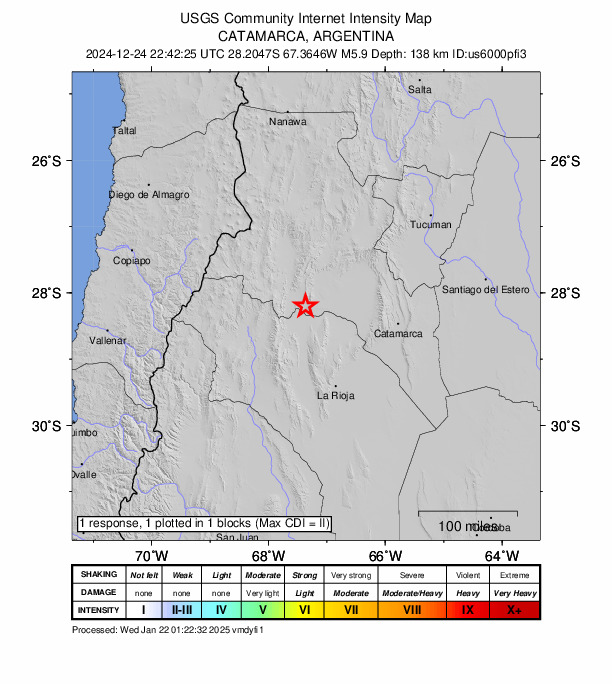 USGS DYFI community-reported intensity map for the M5.9 earthquake near 25 km SE of Tinogasta, Argentina