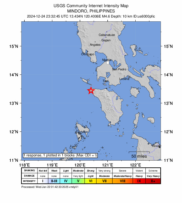 USGS DYFI community-reported intensity map for the M4.6 earthquake near 3 km WSW of Harrison, Philippines
