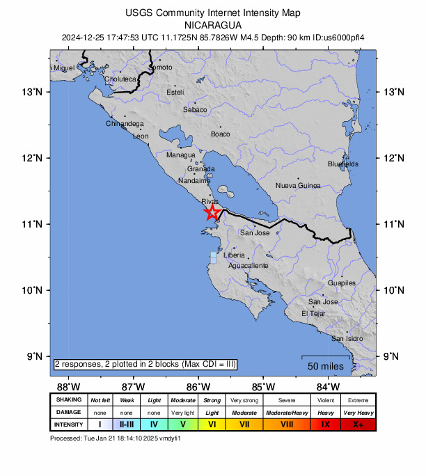 USGS DYFI community-reported intensity map for the M4.5 earthquake near 13 km SE of San Juan del Sur, Nicaragua