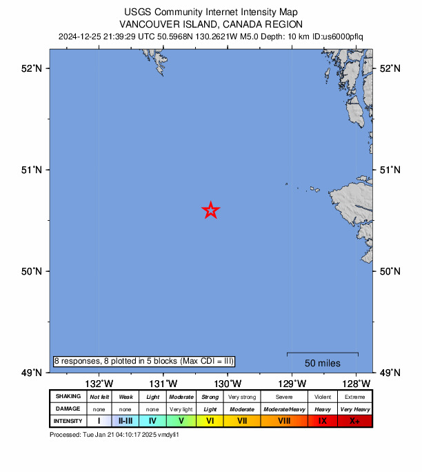 USGS DYFI community-reported intensity map for the M5.0 earthquake near 224 km W of Port McNeill, Canada