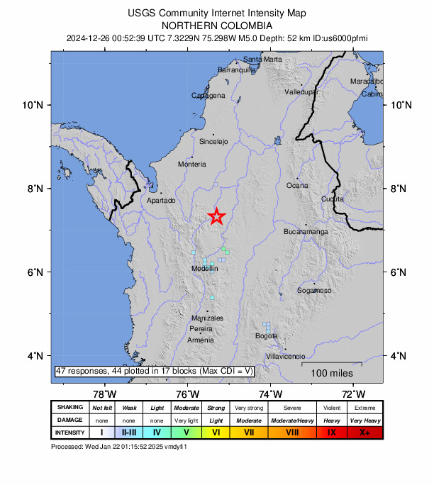 USGS DYFI community-reported intensity map for the M5.0 earthquake near 10 km ENE of Valdivia, Colombia