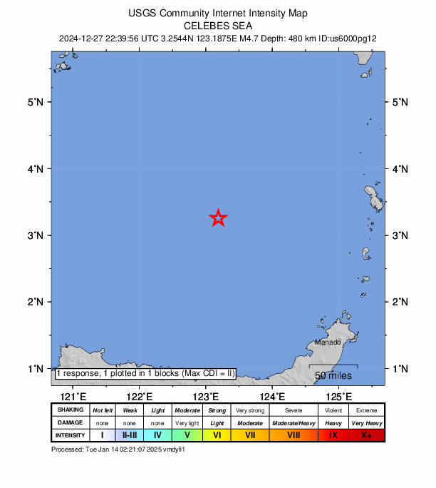 USGS DYFI community-reported intensity map for the M4.7 earthquake near 269 km NW of Manado, Indonesia