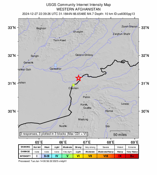 USGS DYFI community-reported intensity map for the M4.7 earthquake near 35 km NNE of Chaman, Pakistan